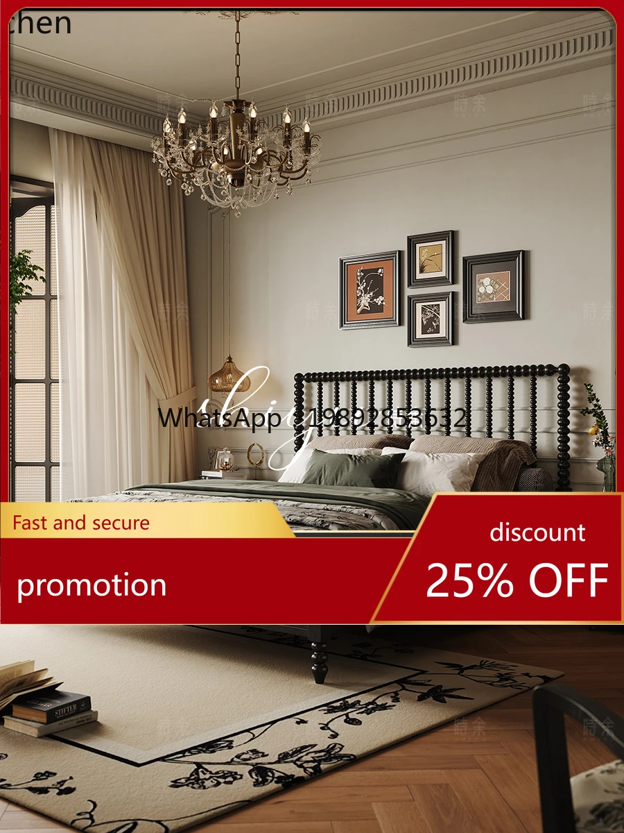 

HT French Retro Style Solid Wood Bed Black American Country Simple 1.8m Double Bed Master Bedroom Marriage Bed