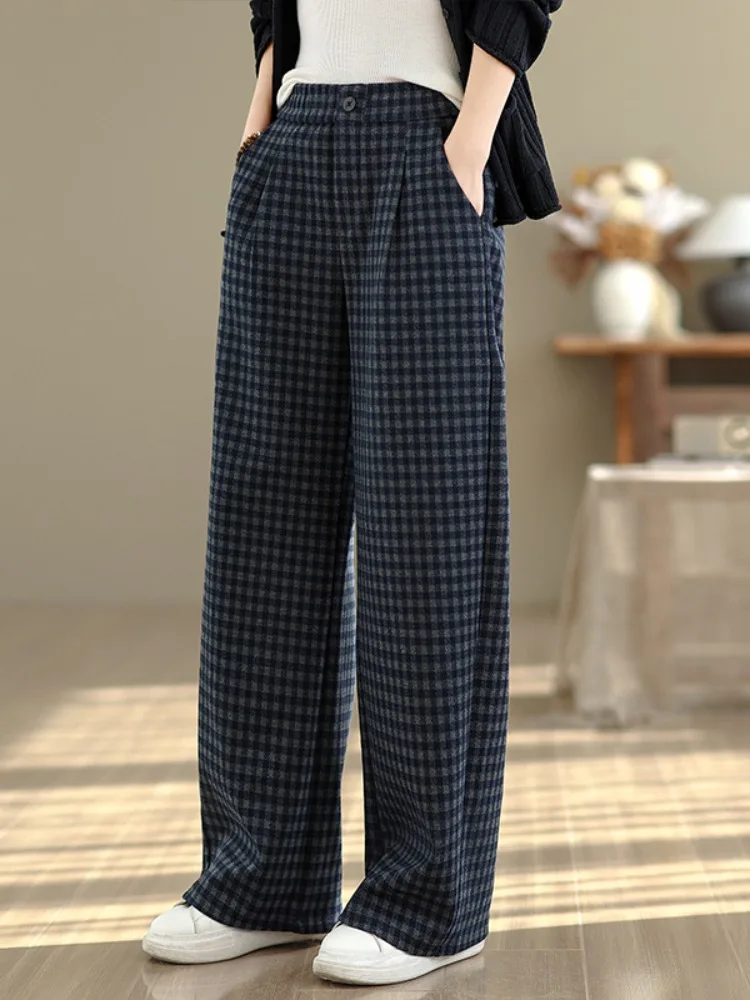 미국 레트로 체크 울 스트레이트 팬츠 여성 겨울 하이웨이스트 슬림 캐주얼 바지 안감 있는 와이드 레그 팬츠