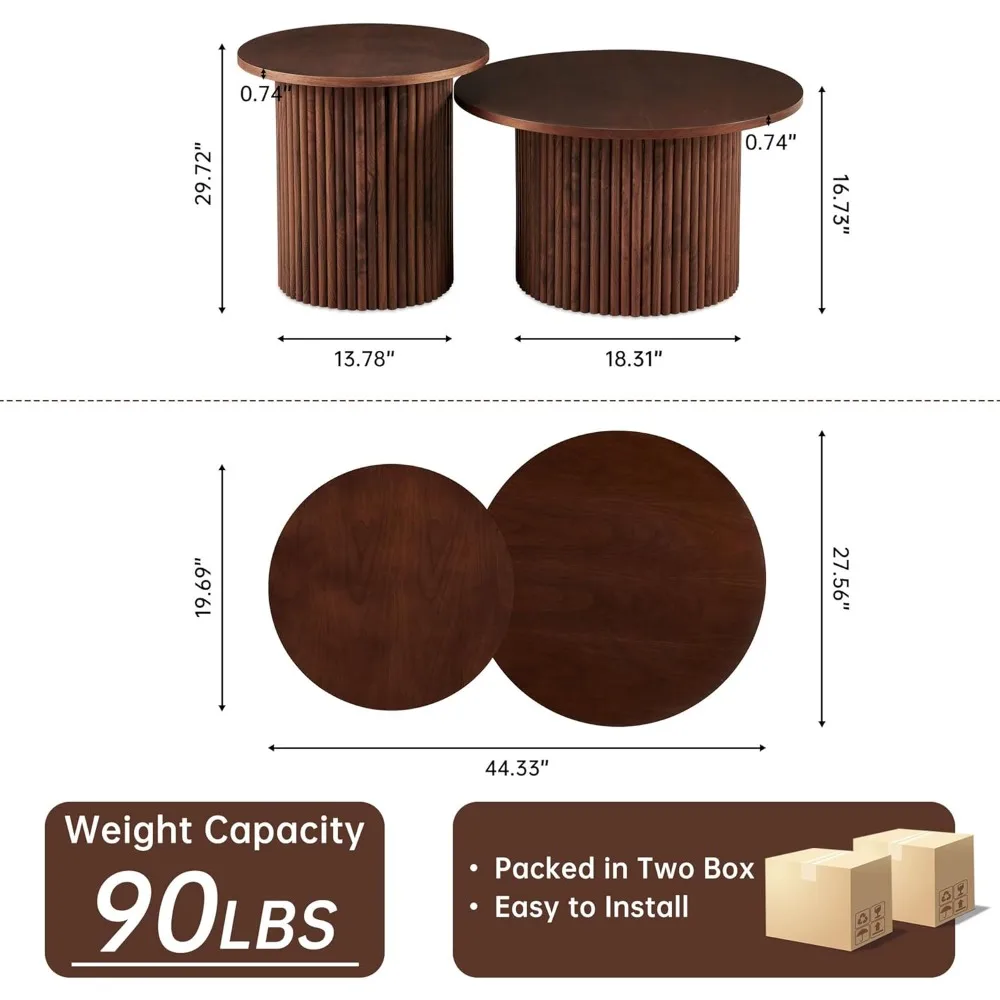 مجموعة طاولة قهوة مستديرة متداخلة مكونة من قطعتين، مجموعة طاولة جانبية مكونة من قطعتين من بوهو لغرفة المعيشة وغرفة النوم، سطح خشبي مصنوع مع