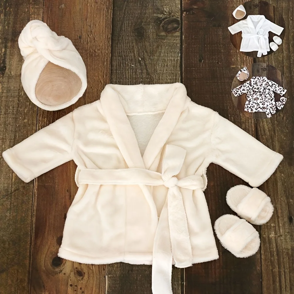Cozy Cream Baby Robe with Matching Slippers and Scarf Perfect for Newborn Photography Props Infant Boys Girls Soft Lycra Fabric