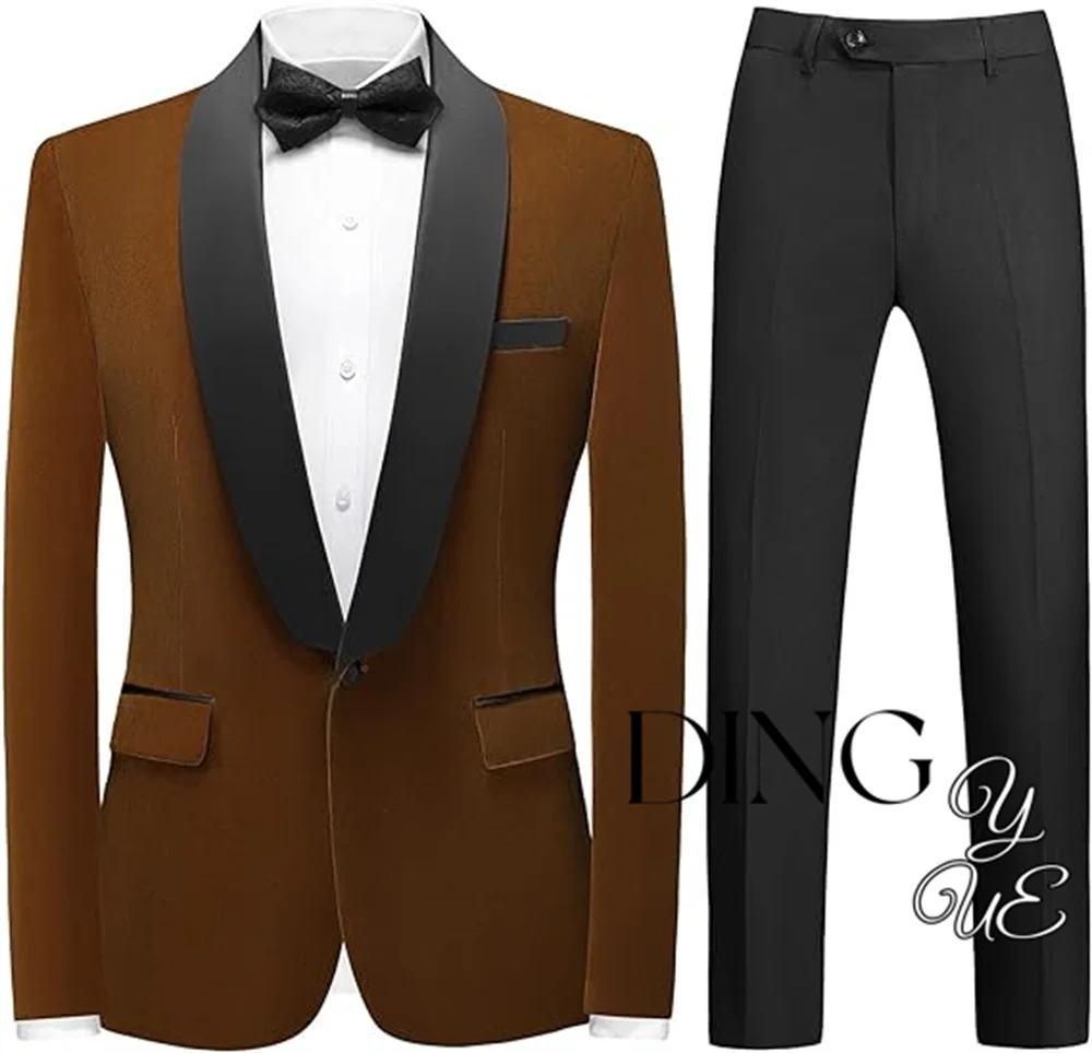 Mens Velvet Suits Slim Fit 2 Piece Tuxedo Suit for Men Solid One Button Shawl Lapel Blazer Jacket & Pants Set for Wedding