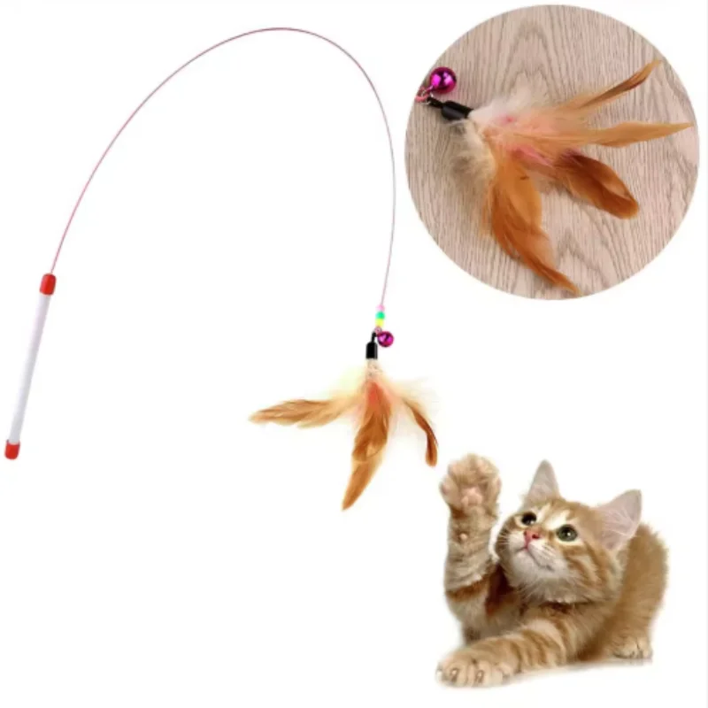 Butterfly Colorful Turkey Feathers And Steel Wire Teasing Cat Stick with Cute Bell Fish - Interactive Cat Playing Toys