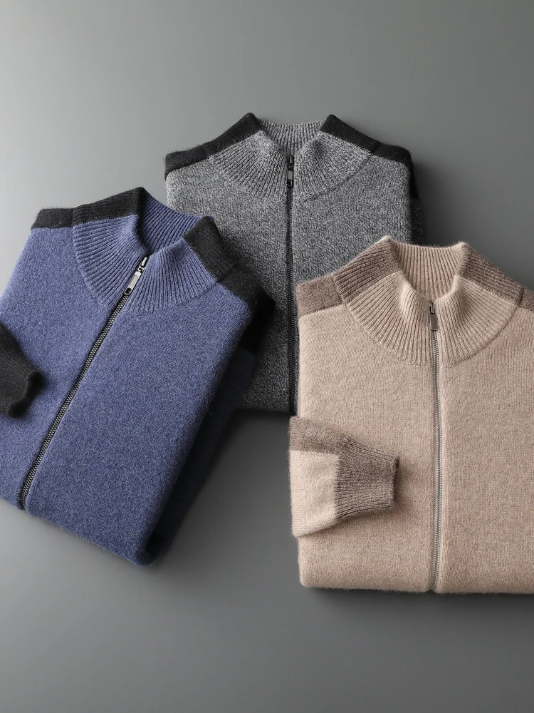 CHICUU Men's 100% Cashmere Sweater Mock Neck Zipper Cardigan Thickness Smart Casual Cashmere Knitwear Coat Autumn Winter Tops