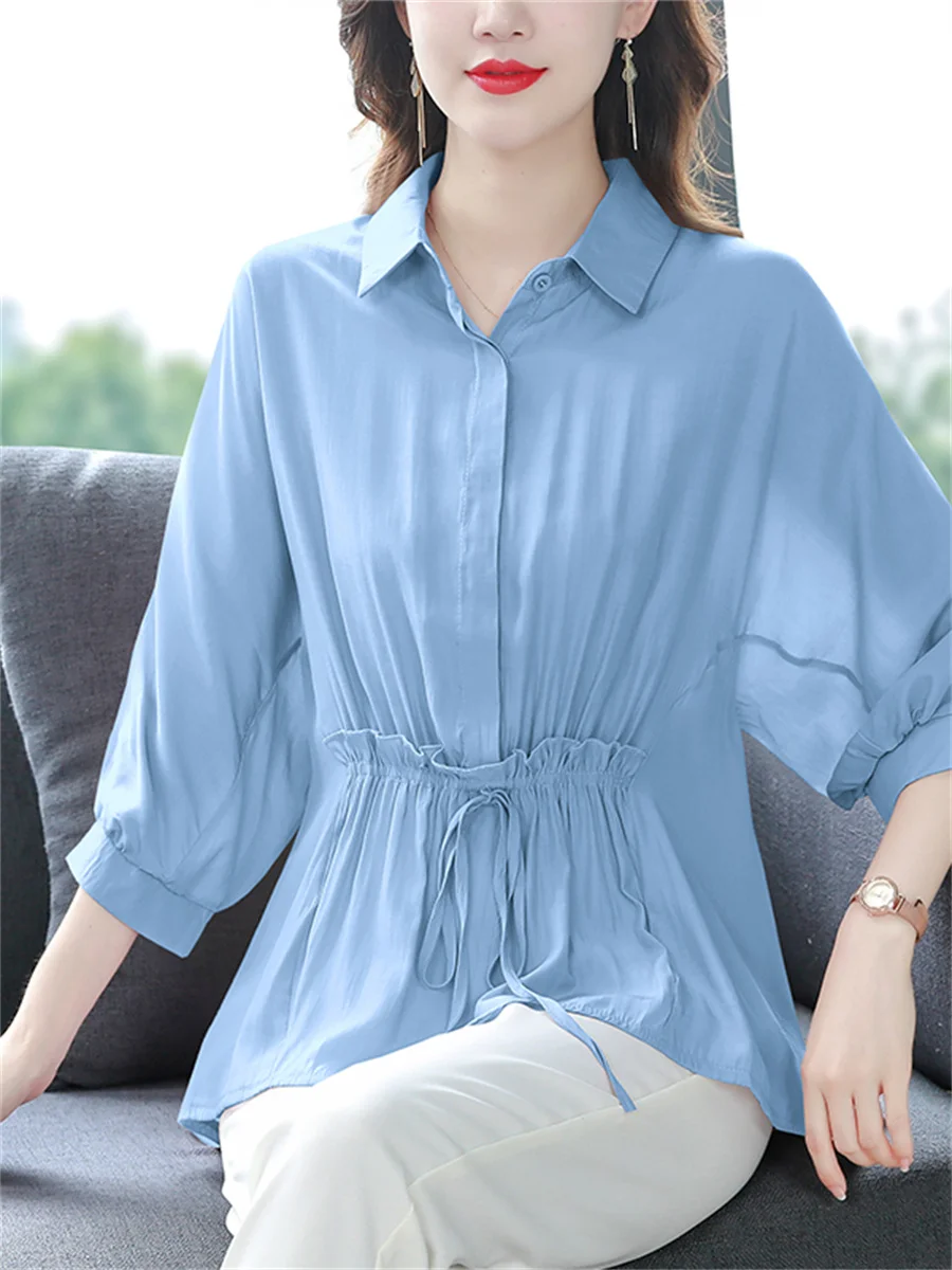 

Woman Summer Style Blouses Tops Lady Casual Long Lantern Sleeve Turn-down Collar Solid Color Blusas Tops SP1573