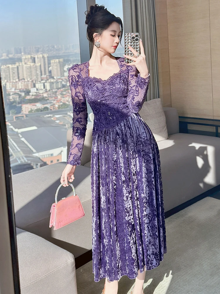 Feminino falso 2 peças retro veludo renda pura sexy gola quadrada magro a linha vestido de noite festa de formatura senhora roupas moda robe novo