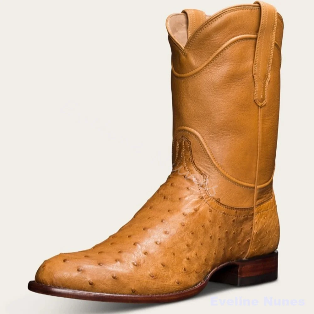 Men Brown Embossed Leather Cowboy Boots Vintage Yellow Western Mid Calf Boots Pointed Toe Pull On Retro Country Riding Boots
