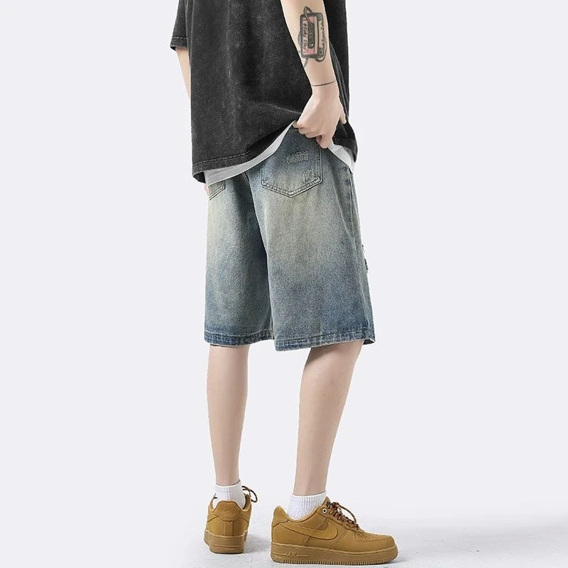 Men's Summer Ripped Denim Shorts Featuring Lightweight American Retro Design Mid-Thigh Outdoor Wear for Comfort in Hot Weather