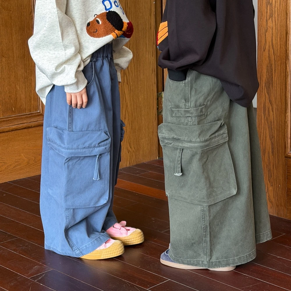 Boys Pants Spring and Autumn New Children's Wear Boys and Girls Foreign Style Solid Color Big Pocket Wide Leg Overalls