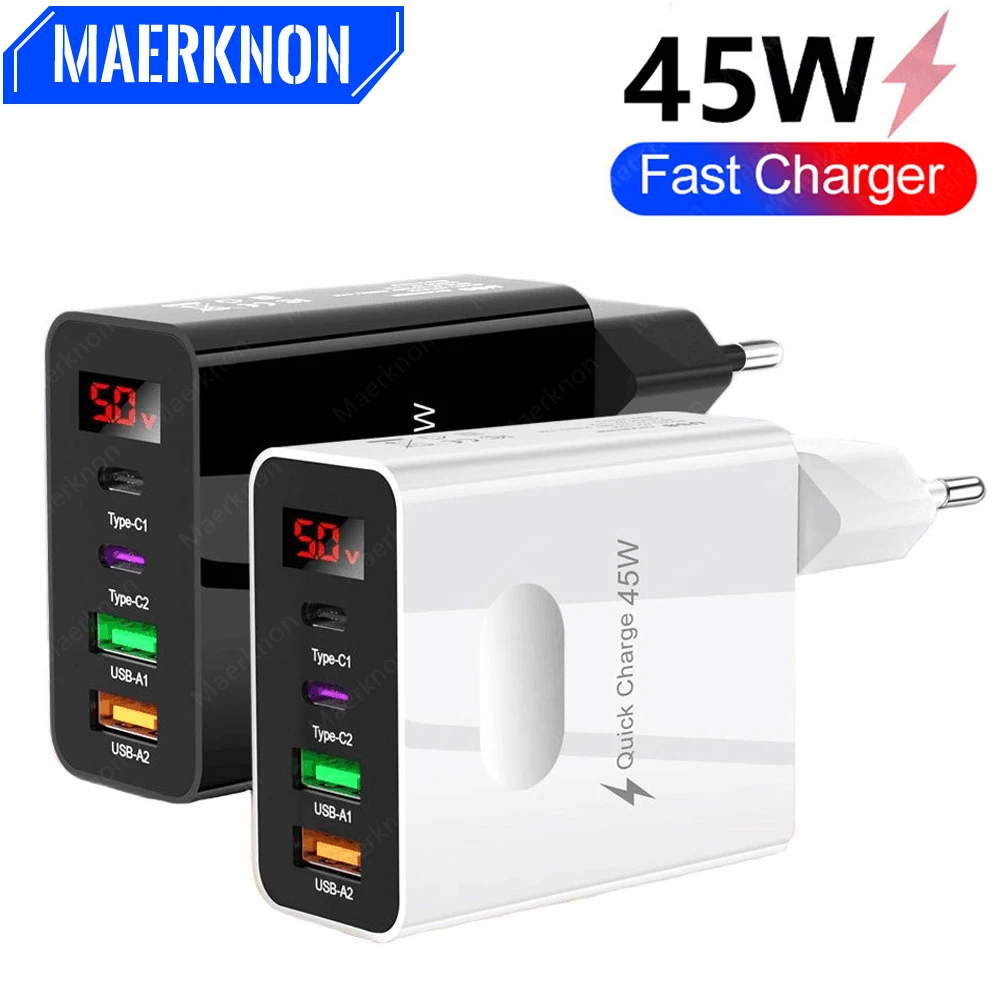 45W 4 Ports USB Charger Type C Fast Charging Phone Charger Adapter For iPhone Samsung Xiaomi Digital Display USB C Wall Charger