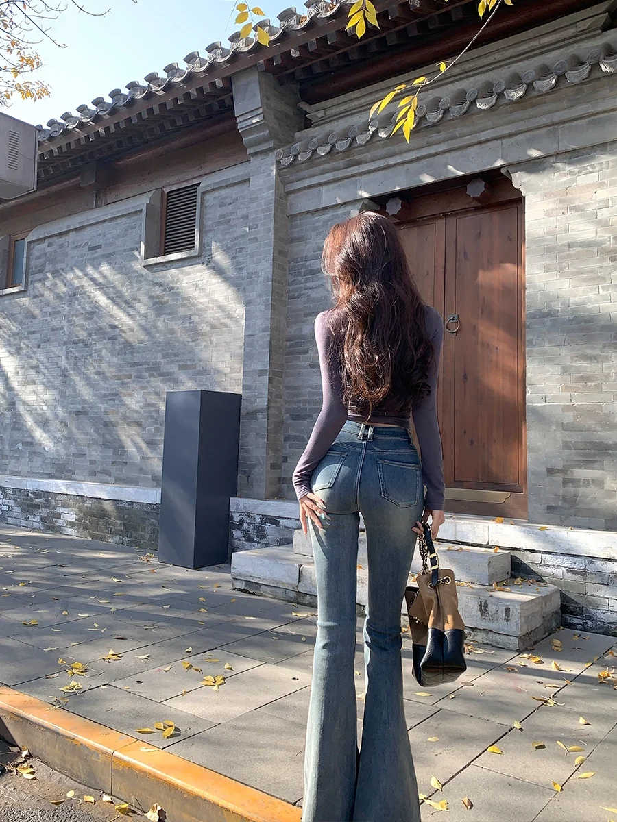 

Джинсы Achi с высокой талией, хлопковые, на флисовой подкладке, расклешенные, женские, синие, в стиле ретро, длинные, облегающие брюки