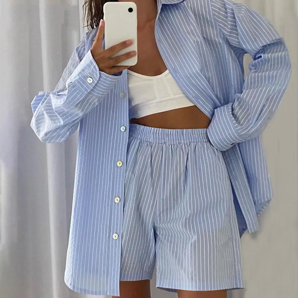 Women's Pajamas Set Home Clothes Sleepwear Vertical Stripes High Waist Two-piece Long Sleeve Lapel Shirt with Pockets Shorts