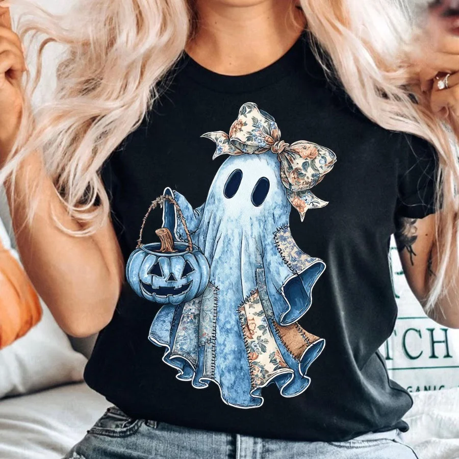 Halloween Patchwork azul Denim fantasma DIY pegatina de transferencia de calor termo calcomanía camisetas sudaderas bolsa fundas de almohada decoración de ropa