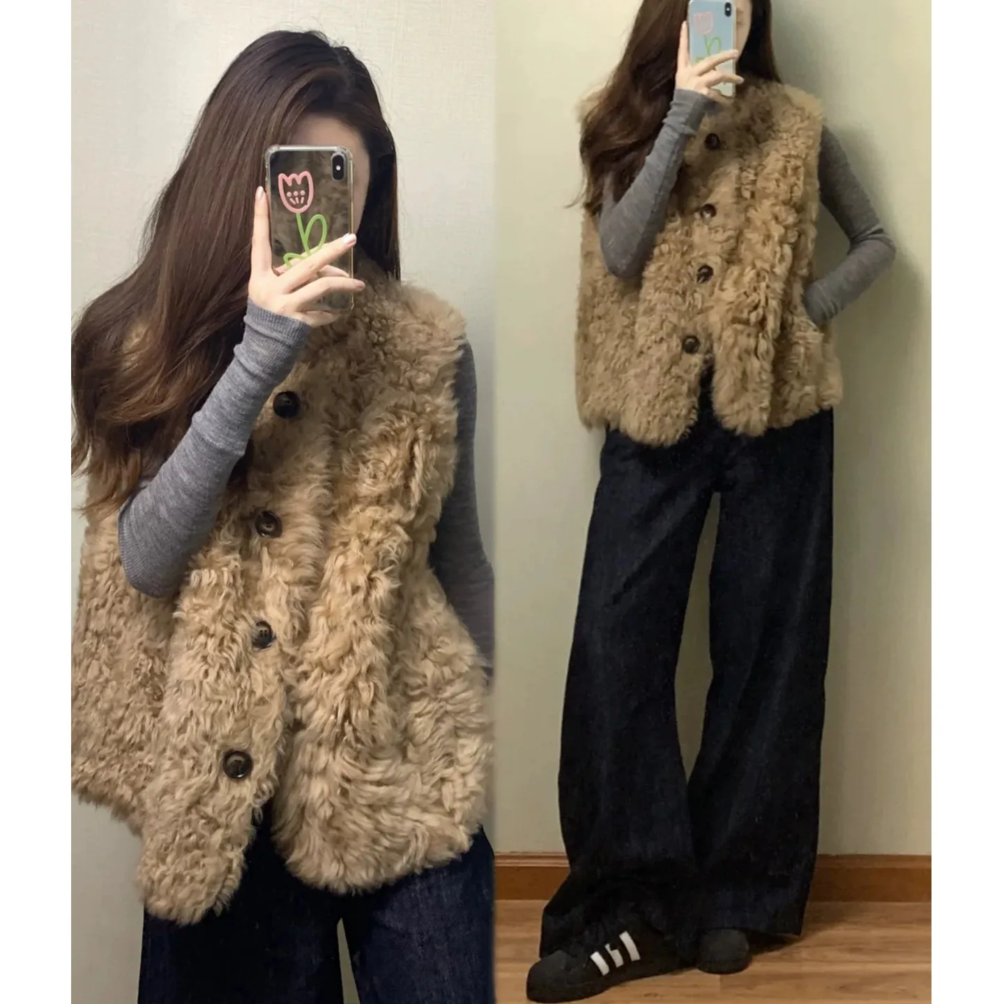 Korean Style Fashionable Lamb Fur Vest 2025 Autumn Winter New Style Sleeveless Outerwear Coat Polyester Fiber 100%