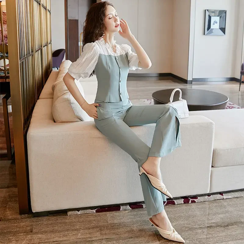 Wear To Work Trousers Woman Office Professional Top and Pant Sets for Women 2 Pieces Summer 2024 Splicing Clothing Sales Fashion