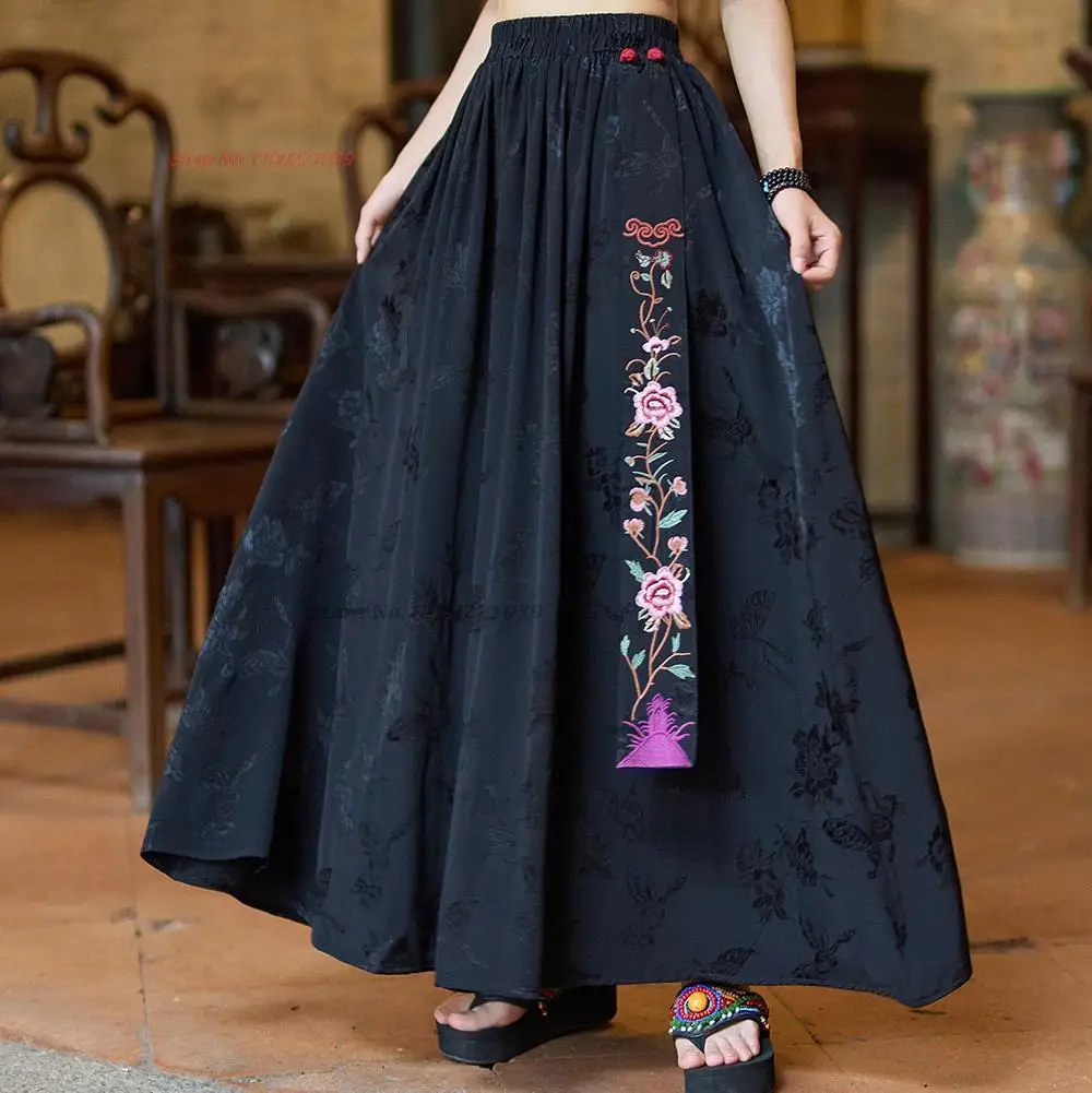 

2025 traditional chinese vintage skirt national flower embroidered satin jacquard skirt oriental elastic waist a-line folk skirt