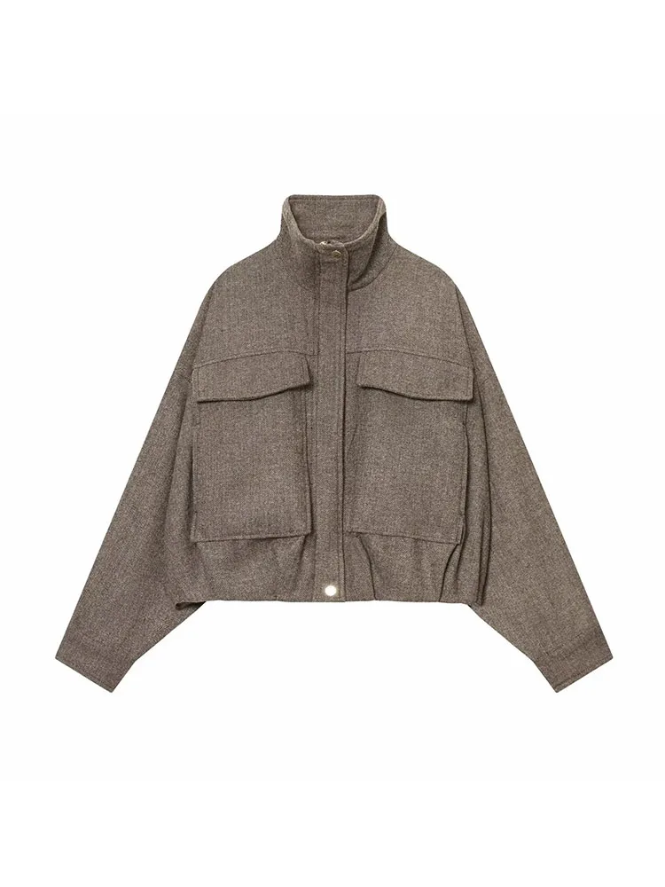 

Women Autumn Winter New Herringbone Stand-up Collar Jacket Zippered Top with Pockets Loose Woolen Jacket