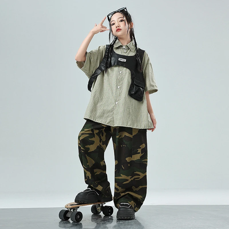 Cool Hip Hop Costume di danza per bambini Pantaloni mimetici Camicia oversize Street Dance Performance Wear Ragazzi Ragazze Jazz Outfit VDL3470