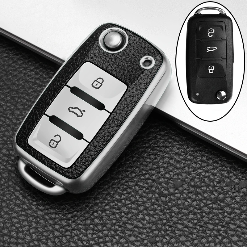 Leather TPU Car Key Case Cover Fob Shell For VW Volkswagen Polo Tiguan Passat Golf MK Jetta For Skoda Kodiaq Superb Octavia Seat