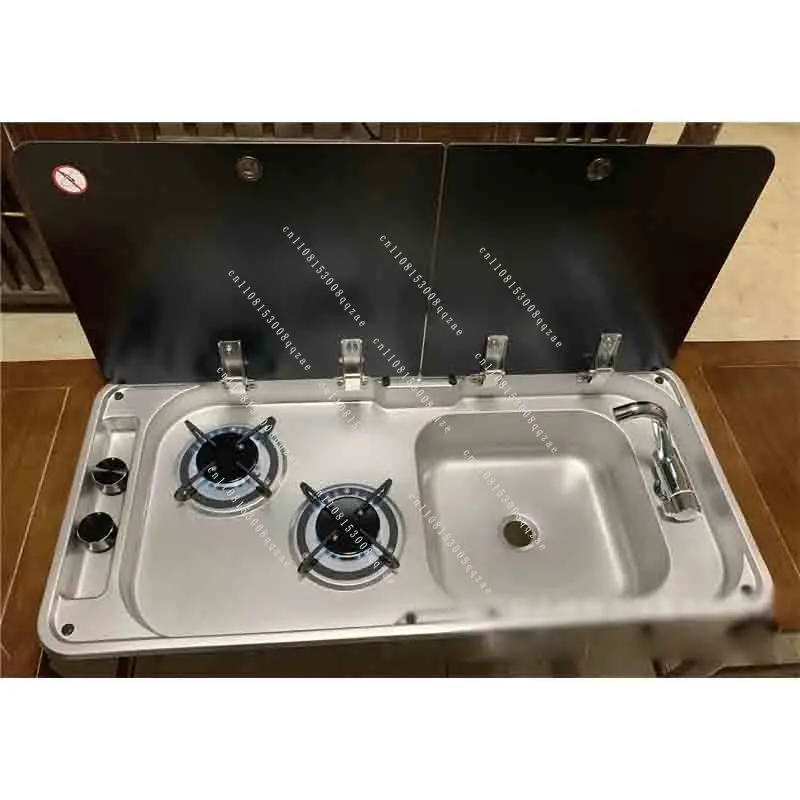 RV Gas Stove Two Burner Rectangular Stainless Steel Sink Combi with 2 Glass Lid 2.18KW 0.8MM Thickness for Car Kitchen