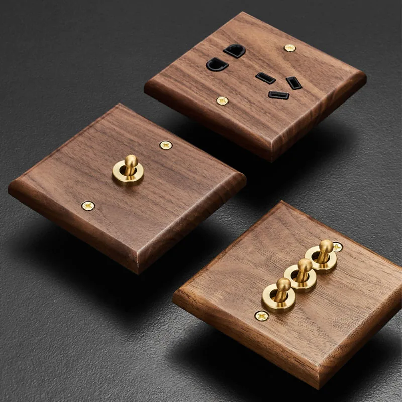 

Black walnut wood retro British light switch socket, bedside wall lamp switch LED dimmer, pure wood brass toggle switch board