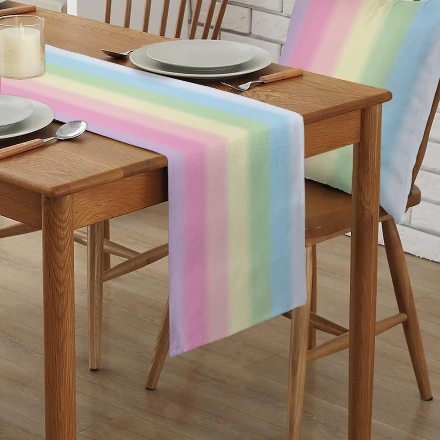 Candy Rainbow Stripes Linen Table Runners Washable Art Texture Dresser Scarf Table Decor Holiday Wedding Home Dining Party Decor