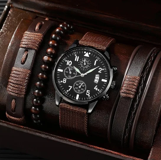 4/5PCS Fashion Men Business Watches Casual Quartz Watch Leather Strap Male Wristwatches Bracelets Set（Without Box）