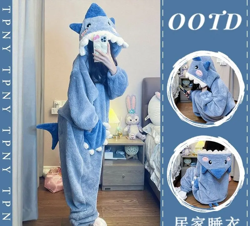 Adult Animal Shark Onesies Pajama Flannel Kigurumi Cartoon Halloween Cosplay Warm Winter Homewear Jumpsuit