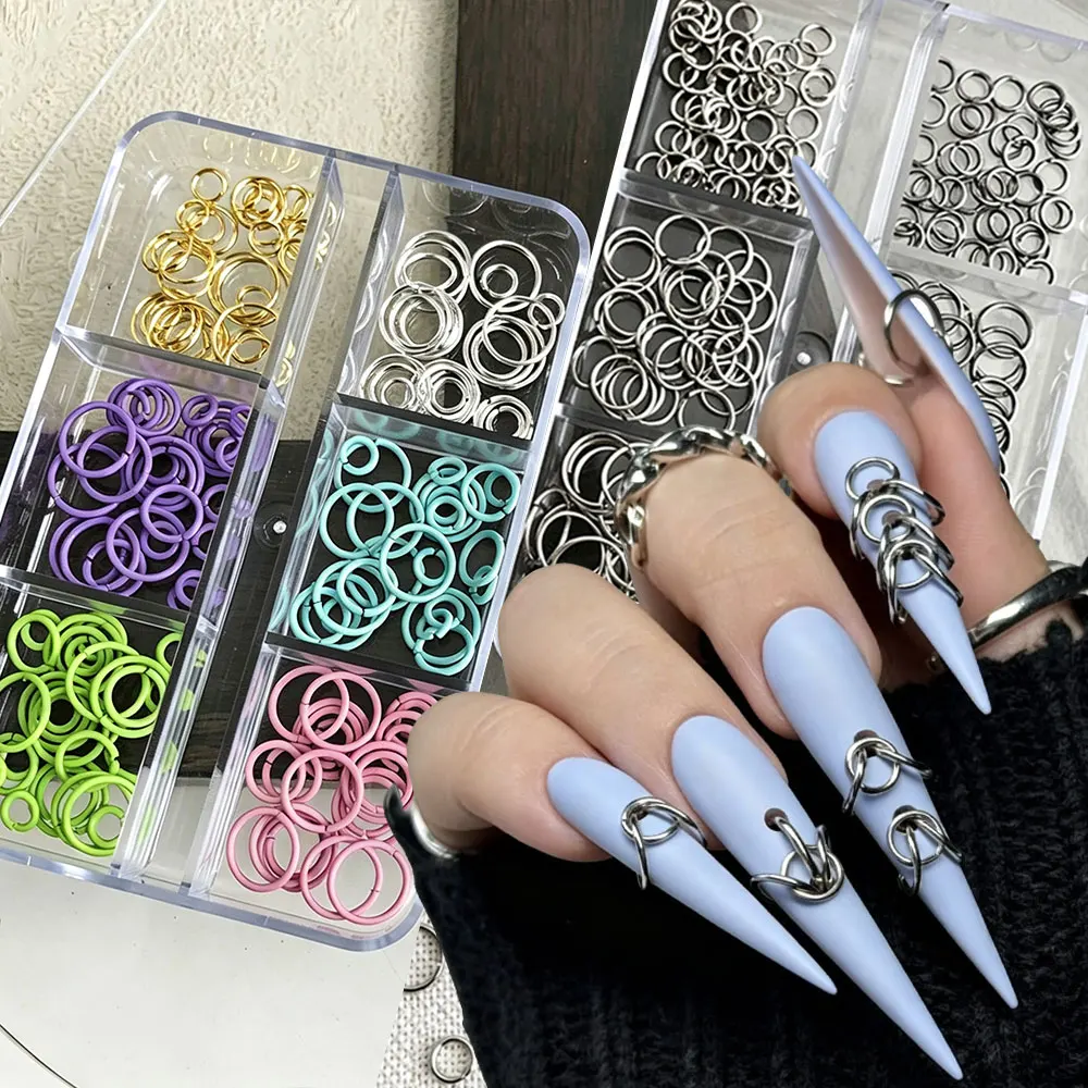 6Grids Multi Sizes Metal Nail Jump Rings Colorful & Silver Open Split Rings Nail Piercing Charms DIY Nail Chain Connector Rings
