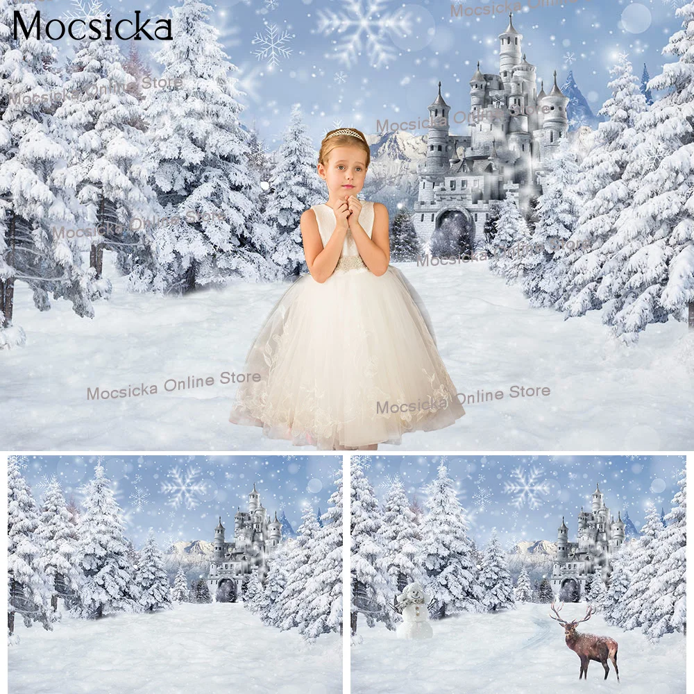 

Winter Castle Wonderland Kids Portrait Backdrop Studio Christmas Snow Frozen Pine Forest Background Reindeer Snowman Photocall