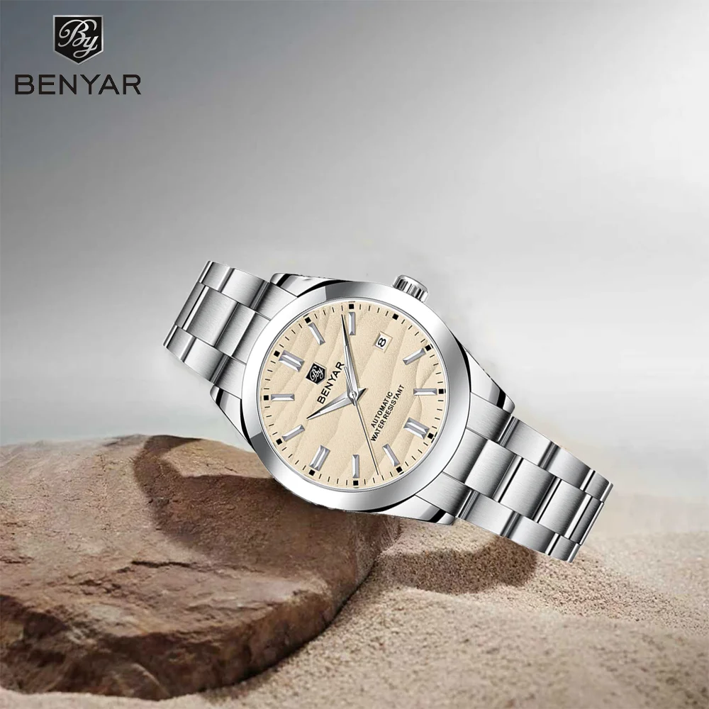 BENYAR Top Brand Men's Mechanical Watch 40MM 316L Stainless Steel 5Bar Waterproof Simple Design Fully Automatic Sand Set Watch