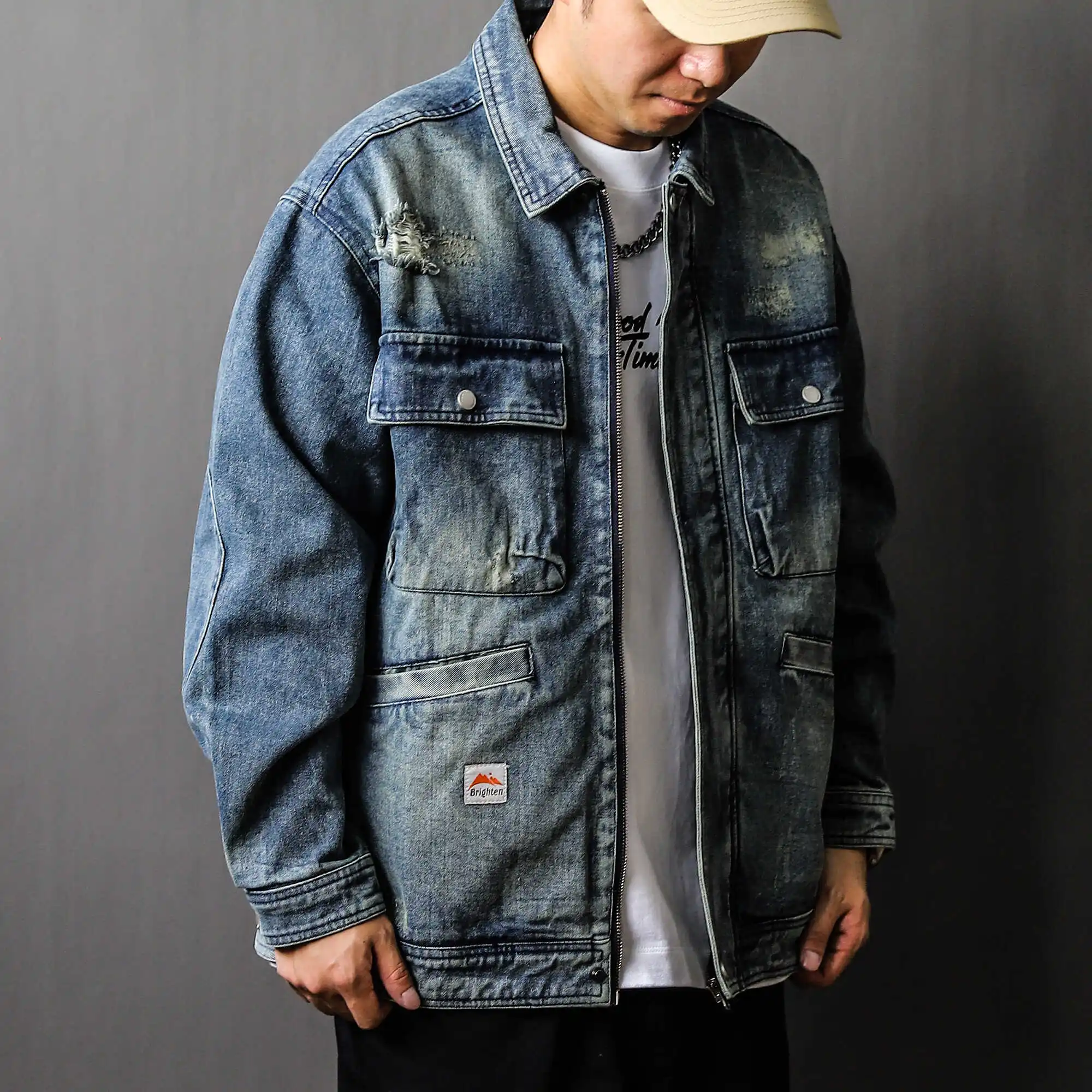 

Винтажная джинсовая куртка Waed: свободная повседневная мужская верхняя одежда, весна-осень 2024, новая модель в японском рабочем стиле, с множеством карманов