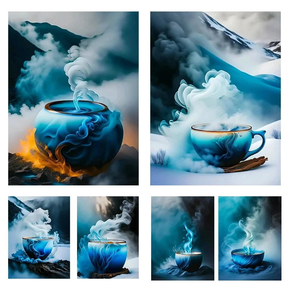 Creative 5D DIY Diamond Painted Art Tea Cup Blue Fantasy Series Cup Mosaic Embroidered Home Set Decorative Gift GG1052