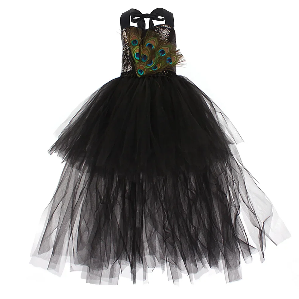 Sukienki na Halloween dla dziewczynek Siatkowa bufiasta sukienka Paw akapit Wakacyjna sukienka na występy Czarna cekinowa sukienka z tyłu