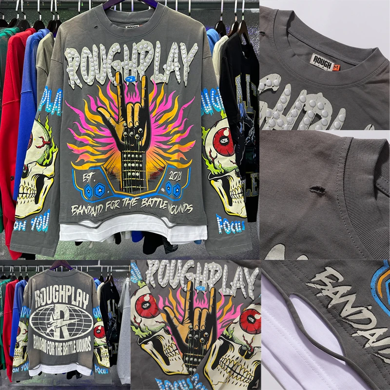 

Уличный хип-хоп стиль ROUGHPLAY футболка с длинными рукавами повседневные топы с принтом логотипа с рваным подолом и рваными отверстиями грубая игровая футболка