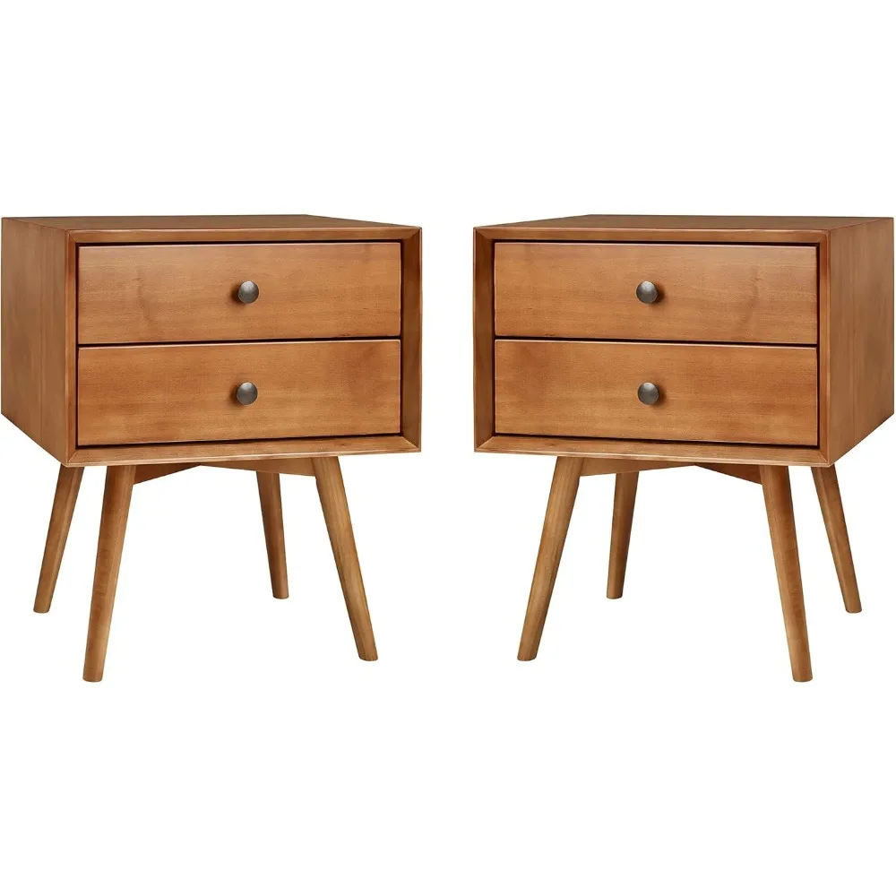 Mid-Century Modern 2-Piece 2-Drawer Solid Wood Nightstand Set, 2 Pack