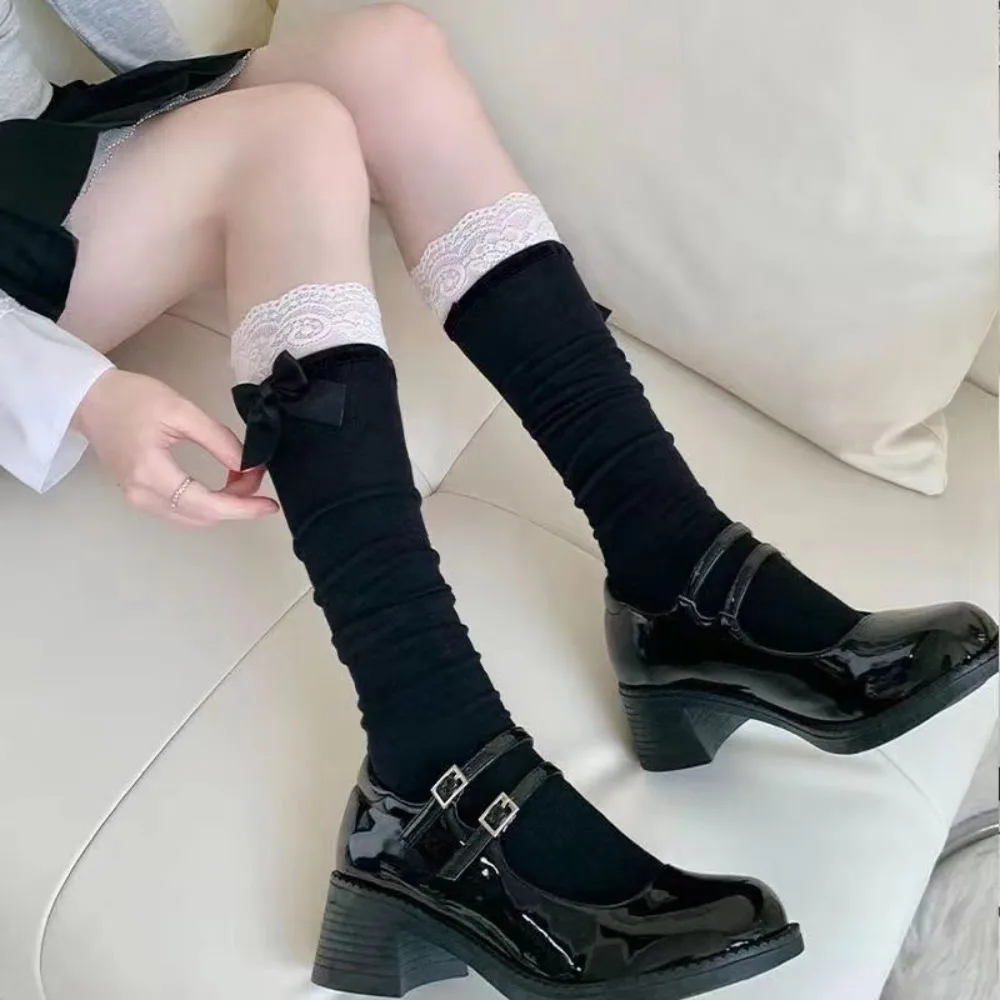 

Sweet Bow White Lace JK Socks Dot Yarn Bow Lolita Calf Socks Solid Color Long Lolita Socks Autumn