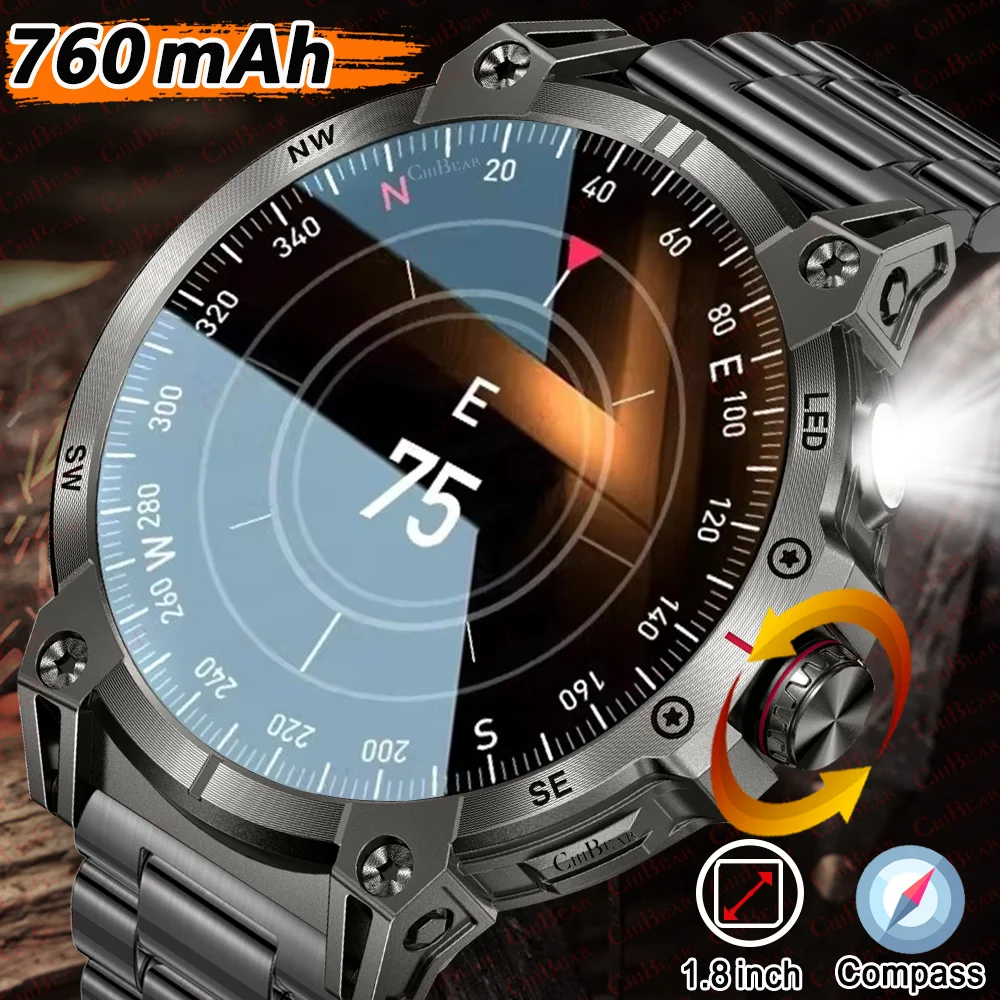 New Smart Watch Men 760mAh Large Battery LED Flashlight Compass GPS Track 1.8