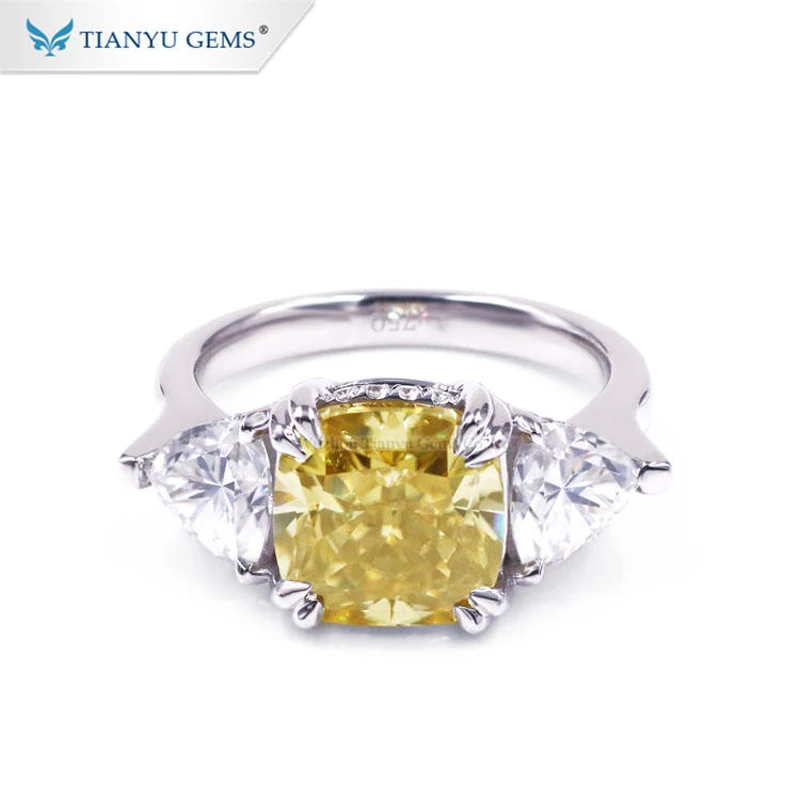 

Tianyu Gems 9x9 Cushion Vivid Yellow 3 Stones Rings Women Engagement 6x6 Trillion Moissanite 10k 14k 18k White Gold Wedding Ring