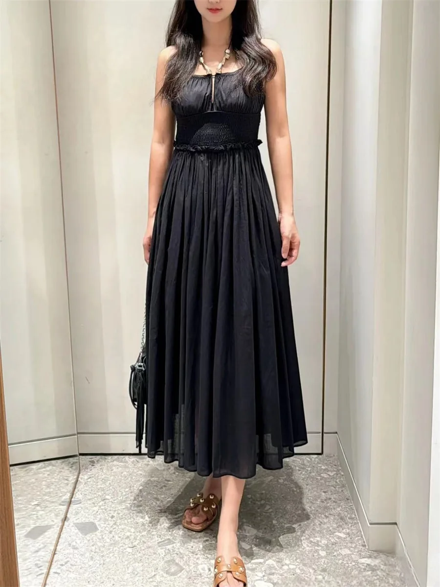 Women Black Midi Dress Lace-Up Halter Backless Sleeveless Elastic Waist Solid Color Elegant Autumn 2024 Robe