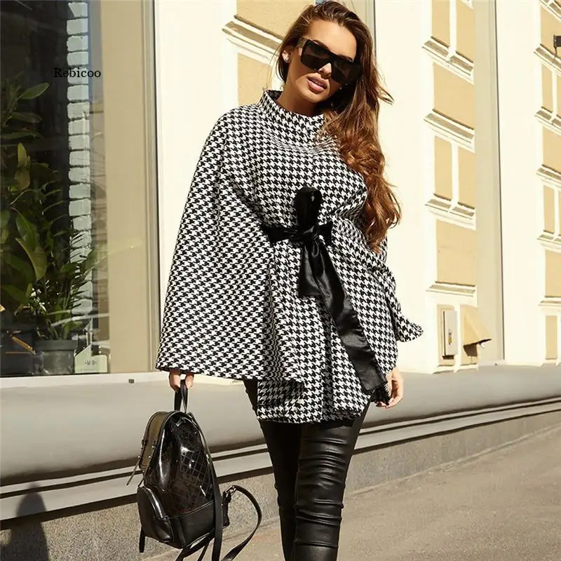 

Houndstooth Women Plaid Print Cape Cape Coats Chic Autumn Streetwear Turtleneck Tie Up Asymmetric Shawl Poncho Pullovers Outfits