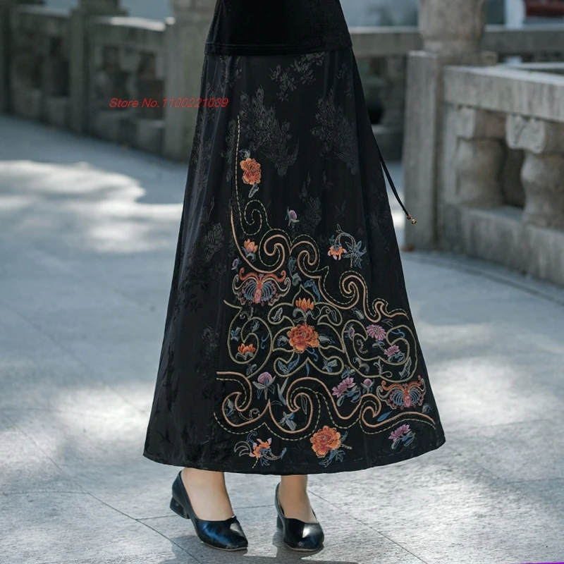 2025 chinese vintage skirt national flower embroidered satin jacquard skirt oriental traditional folk a-line skirt streetwear