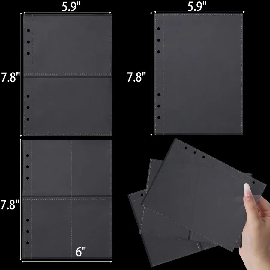 60 folhas de bolsos para fichário a5, 3 tamanhos, mangas para fichário de cartão de um lado para 6 anéis, 4 bolsos, 2 bolsos, 1 bolso