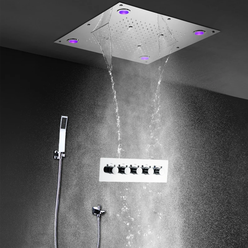 Ceiling recessed 24 inch LED rain shower head Waterfall Mist Bathroom Shower Faucets Thermostatic 4 Ways Mixer POLISHED