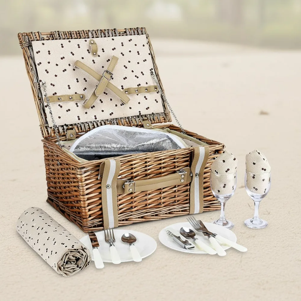 

Premium Willow Picnic Basket Set for 2 with Cooler Bag & Waterproof Blanket, Outdoor Camping Essentials