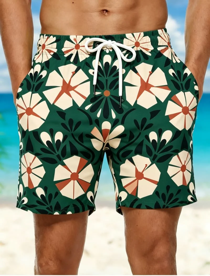 Men's Retro Floral & Geometric Print Casual Shorts ，for Water Sports, Beach Days, Casual Errands & Sporty Everyday Wear