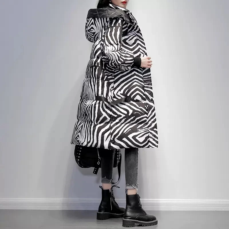 Zebra pattern down jacket for women 2023 winter new Korean hooded fashion loose thicken coat windproof warm parka overcoat