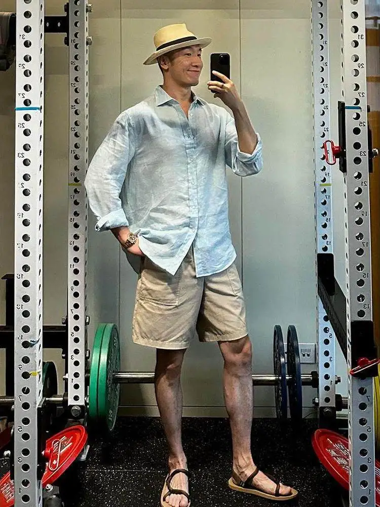 

Cleanfit Standard Fit Linen Shirt Men's Summer Ice Blue Long Sleeve Sun Protection Loose Lazy Style Citywalk Neck