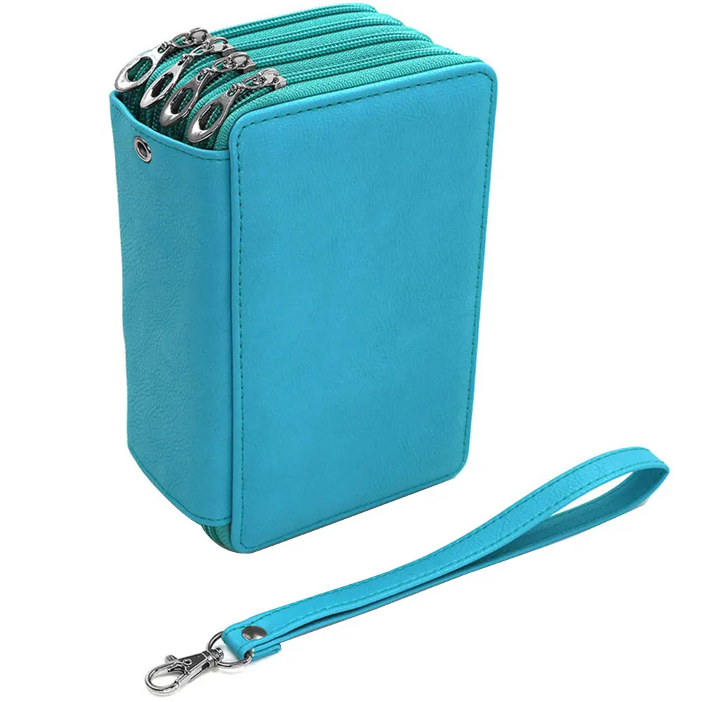 Premium PU Pencil Case Organizer Pencils Pouch Handle Travel School Art Supplies Green Large Capacity Colored Gel