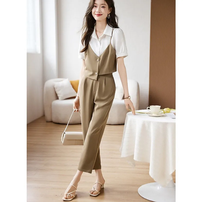 Simple Commuter Retro Two Piece Set 2023 Summer New Style Versatile Fake Two Piece Shirt Shorts Set for Women