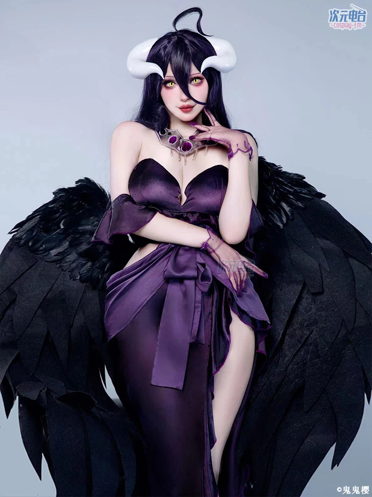 Disfraz de Cosplay Overlord Albedo de Anime para mujer, peluca Sexy, vestido Delgado, collar con cuernos, traje de Hedwear, disfraz de fiesta de Carnaval de Halloween